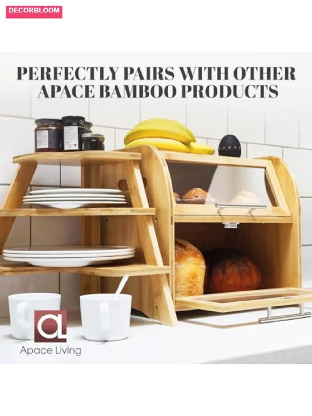 Extra Large 2 Shelf Bamboo Bread Box for Kitchen Countertop, Ventilated with